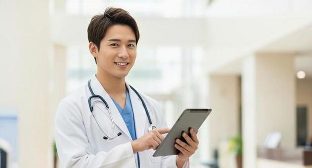 病院のロビーでタブレットを操作する医師 病院のロビーでタブレットを操作する医師の写真