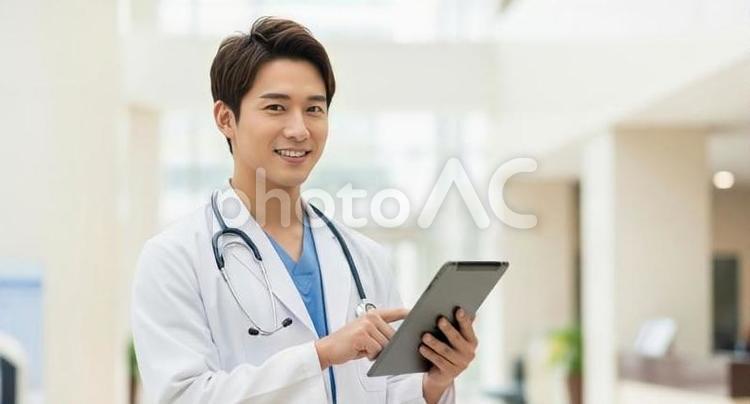 病院のロビーでタブレットを操作する医師 医者,医師,男性の写真素材