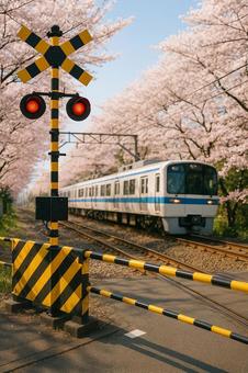 桜の踏切と電車 桜の踏切と電車の写真