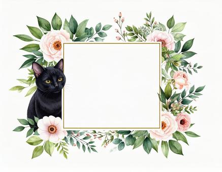黒猫とフローラルなテキストフレーム 黒猫とフローラルなテキストフレームの写真