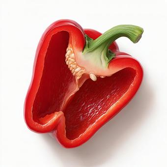 半分に切った赤パプリカ 半分に切った赤パプリカの写真