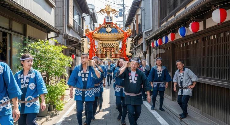 伝統的な神輿を担ぐ日本の祭り風景 インバウンド,神輿,祭りの写真素材