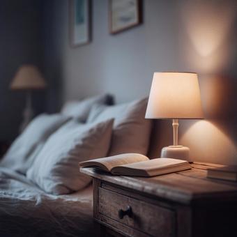 居心地の良い寝室のナイトテーブルと本の写真