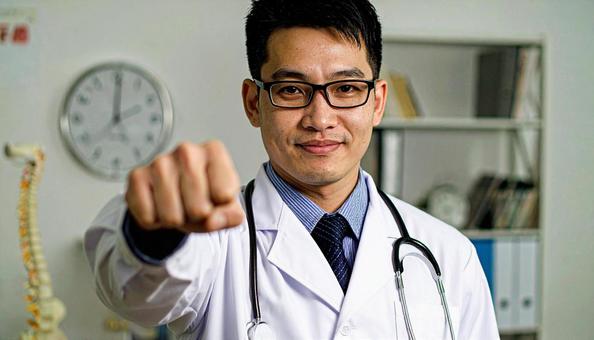 ガッツポーズをする日本人の男性医師 ガッツポーズをする日本人の男性医師の写真