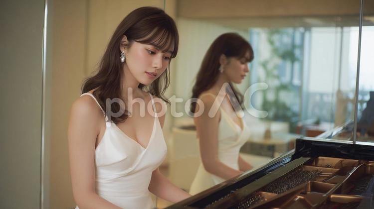 鏡のある部屋でピアノを弾く女性 ピアノ,美人,音楽の写真素材