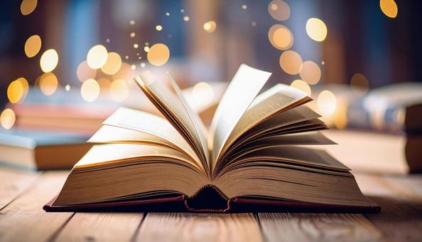 読書イメージ　見開きと積み重なる本の写真