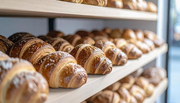 焼き立てのパンの並ぶベーカリーの写真
