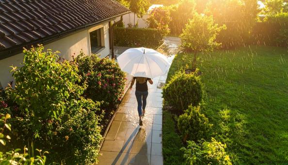 雨の中歩いて帰る傘の女性 雨の中歩いて帰る傘の女性の写真