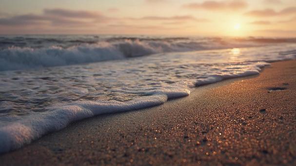 Close-up of the beach sparkling with the setting sun, wave, beach, setting sun, JPG