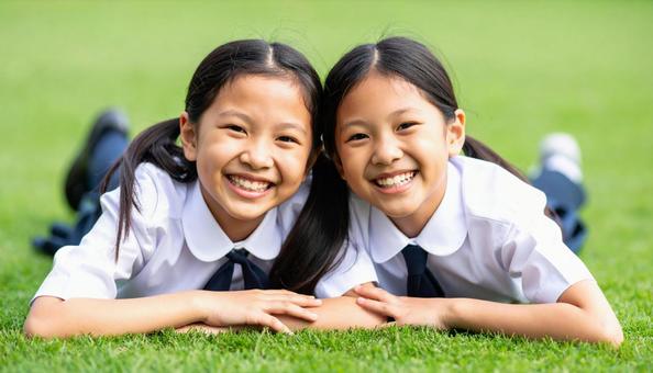 芝生に寝っ転がって笑顔の日本人姉妹 芝生に寝っ転がって笑顔の日本人姉妹の写真