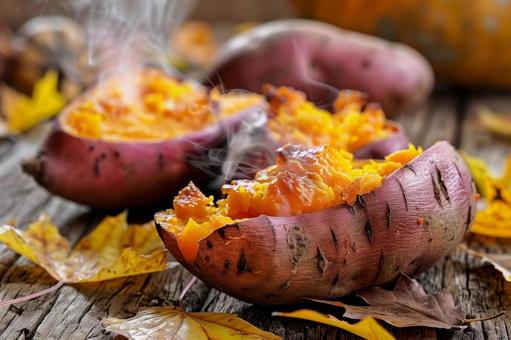 ほくほく焼き芋と秋の落ち葉の写真