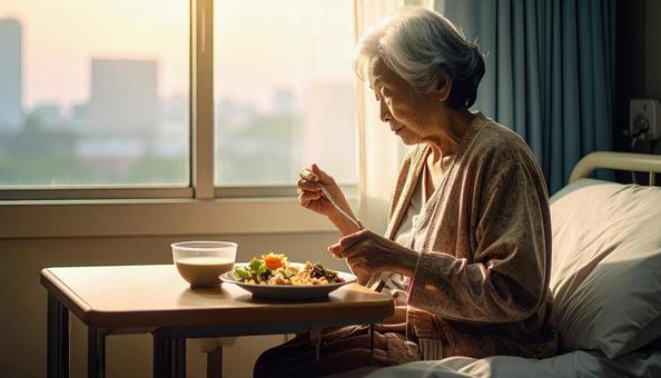 座って食事をするシニア女性の患者 座って食事をするシニア女性の患者の写真