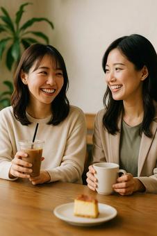 カフェで談笑する日本人女性2人 カフェで談笑する日本人女性2人の写真