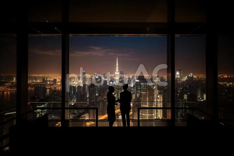 高層ビル・東京の夜景 夜景,カップル,シルエットの写真素材