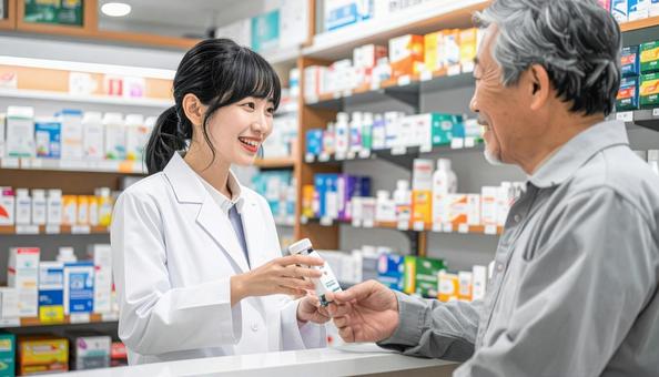笑顔で接客する働く薬剤師 笑顔で接客する働く薬剤師の写真