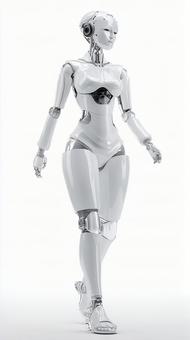 白く輝く洗練された女性型ロボットの全身像 白く輝く洗練された女性型ロボットの全身像の写真