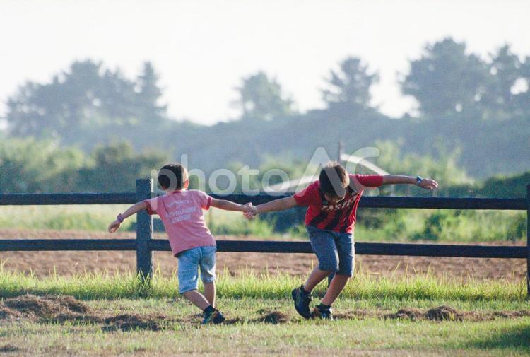 ＜素材＞夏の夕暮れの公園で元気に遊ぶ兄弟 子供,走る,手をつなぐの写真素材