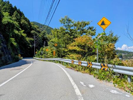 落石注意の左カーブ~道路標識のある風景~ 落石注意の左カーブ~道路標識のある風景~ 山道,落石注意,標識の写真素材