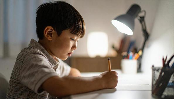 自宅の勉強机で勉強する男の子 自宅の勉強机で勉強する男の子の写真