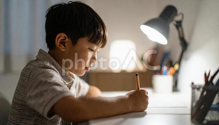 自宅の勉強机で勉強する男の子 横顔,真剣,学生の写真素材