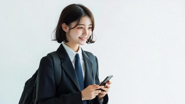 歩きながらスマートフォンを使う女子生徒 歩きながらスマートフォンを使う女子生徒の写真