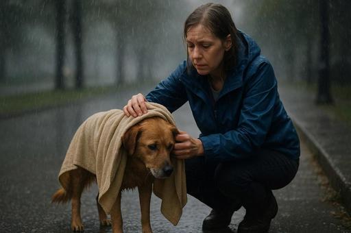 雨の中の犬と女性の写真