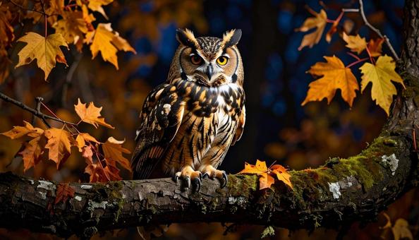紅葉とフクロウ 紅葉とフクロウの写真