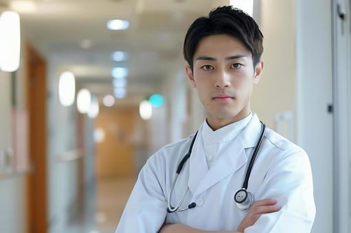 腕を組み真剣な表情の日本人若手医師 腕を組み真剣な表情の日本人若手医師の写真