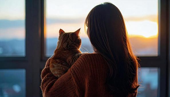 室内でネコを抱いて窓から景色を眺める女性 室内でネコを抱いて窓から景色を眺める女性の写真