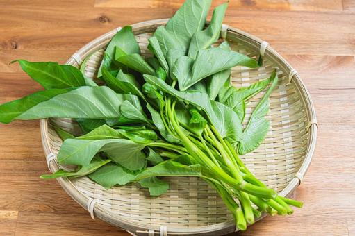 竹ざるに盛った空芯菜 竹ざるに盛った空芯菜 空芯菜,野菜,くうしんさいの写真素材