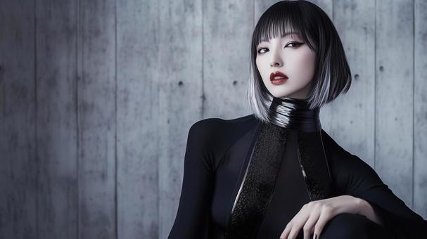 黒いドレスを着たボブヘアーの魅惑的な女性の写真