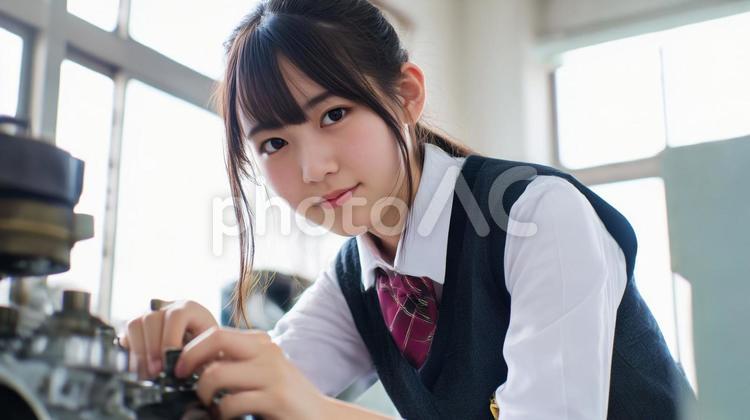 理系女子高生が笑顔で工作している 女子高生,高校生,女性の写真素材