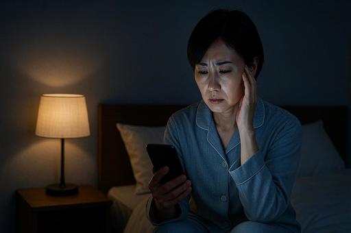 夜にスマホを見つめて悩む中年女性 夜にスマホを見つめて悩む中年女性の写真