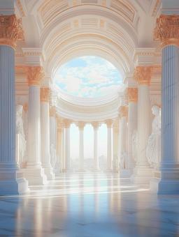 金色装飾とアーチが美しい古代ギリシャ神殿の写真