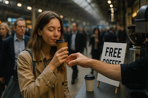 FREECOFFEE香る駅構内の笑顔 FREECOFFEE香る駅構内の笑顔の写真