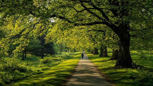 新緑がまぶしい公園の散歩道 新緑がまぶしい公園の散歩道の写真