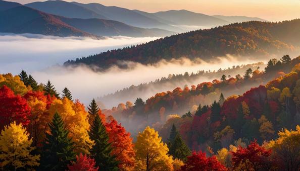 紅葉の森と雲海に浮かぶ山並み 紅葉の森と雲海に浮かぶ山並みの写真