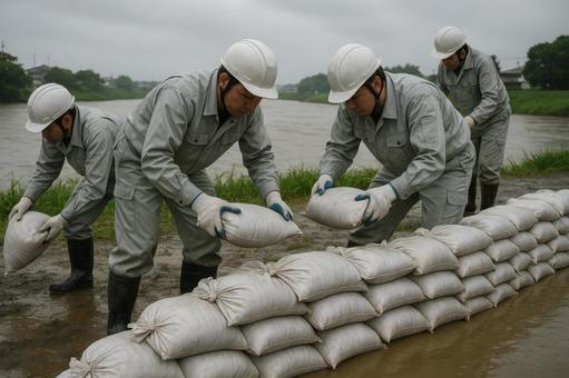 水害に備えて土嚢を積む作業員 水害に備えて土嚢を積む作業員の写真