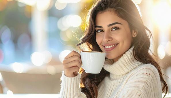 コーヒーを飲む外国人女性のポートレート コーヒーを飲む外国人女性のポートレートの写真