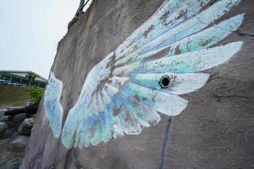 福岡 糸島 翼の描かれた壁2 フォトジェニック,フォトスポット,接写の写真素材