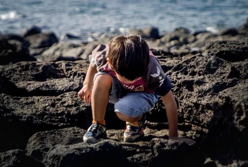 ＜素材＞磯でガサガサ（小魚捕獲）する子供 子供,磯遊び,海の写真素材