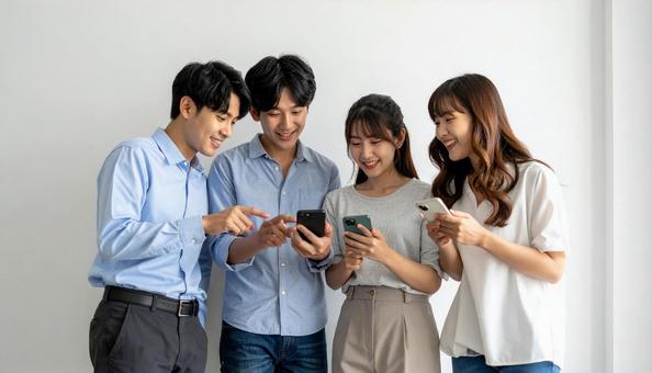 ミーティングする仲良しの日本人男女の写真