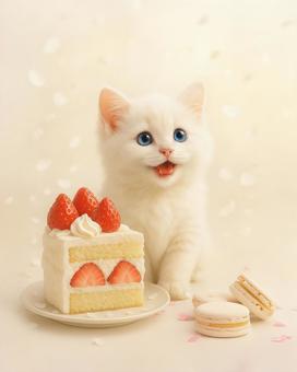 イチゴショートケーキと青い目の長毛白猫 イチゴショートケーキと青い目の長毛白猫の写真