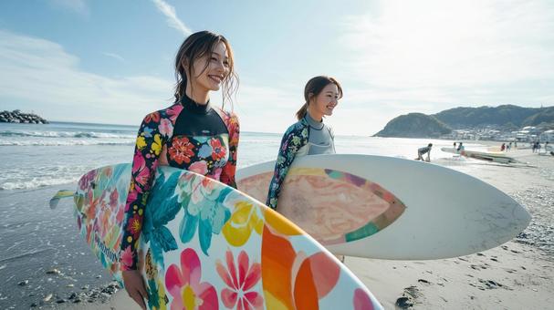 海辺の砂浜でサーフボードを抱え歩く女性 海辺の砂浜でサーフボードを抱え歩く女性の写真