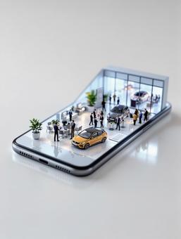 スマホ上のミニチュア自動車ディーラーの写真