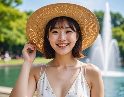 麦わら帽子の彼女と、都市公園の噴水 麦わら帽子の彼女と、都市公園の噴水の写真