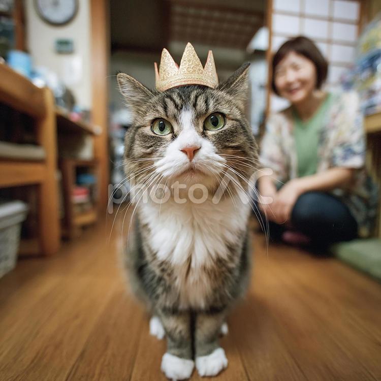 自信に満ちた表情の愛らしい猫 猫,冠,王様の写真素材