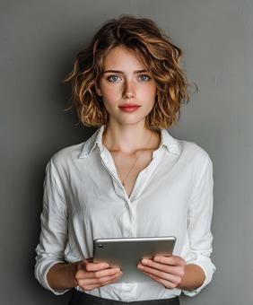 タブレットを使うスマートな女性の写真