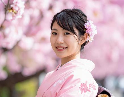 春・桜と和装（着物）の彼女の写真