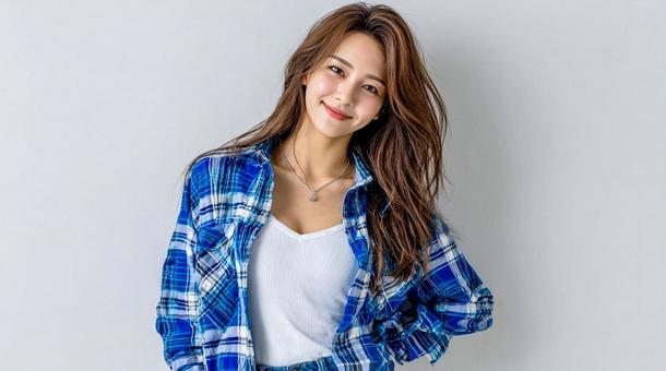 チェックシャツを着た笑顔の女性 チェックシャツを着た笑顔の女性の写真